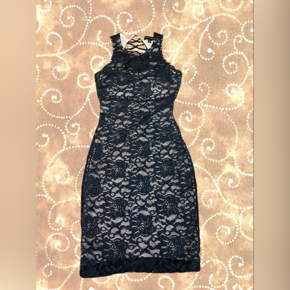 My Michelle Navy and Cream Backless Lace Dress